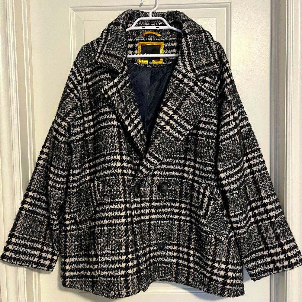 Sam Eldemen black and white Plaid Pea Coat Womens Size XL